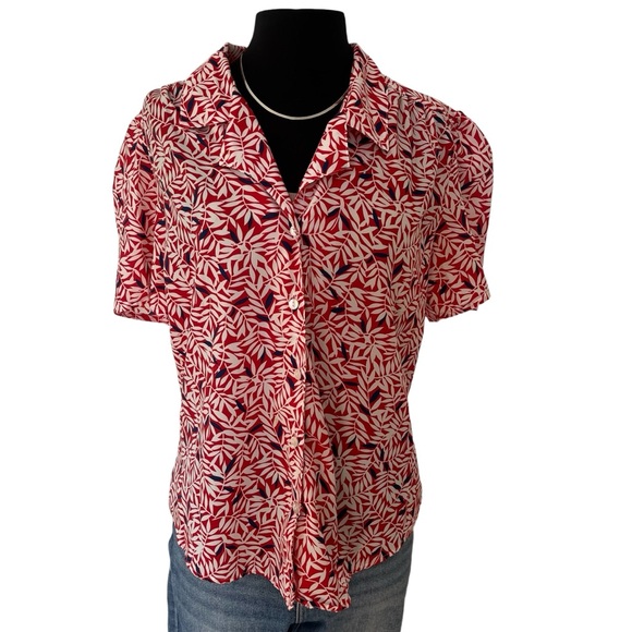 Vintage puffy short sleeve leaf print button up blouse - Picture 2 of 12